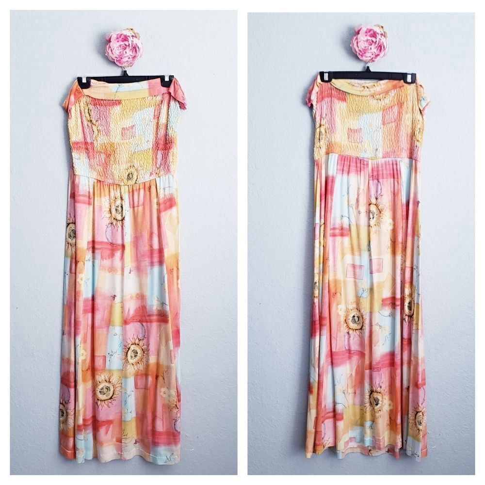 Vintage Pipe Dreams Multicolored Sunflower Smocked Strapless Maxi Dress